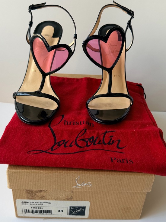Christian Louboutin Shoes - New Christian Louboutin Black Patent Sandal w/ Pink Heart Appliqués, red bottoms